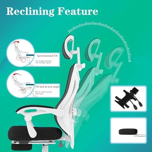 Ergonomic Office Chair with Footrest   Adjustable Lumbar Support & Headrest  90 160  Reclining Mesh Back Computer Chair   Home Office/Gaming  350lbs Capacity  SGS Certified 