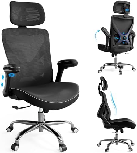 Ergonomic Office Chair Computer X Shaped Chair Mesh PU Leather with Adjustable Lumbar Support Executive Desk Chair High Back with Headrest Flip Up Arms for Long Hours  Black