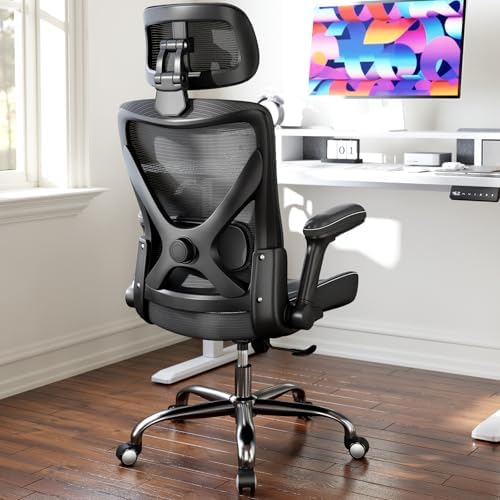 Ergonomic Office Chair Computer X Shaped Chair Mesh PU Leather with Adjustable Lumbar Support Executive Desk Chair High Back with Headrest Flip Up Arms for Long Hours  Black