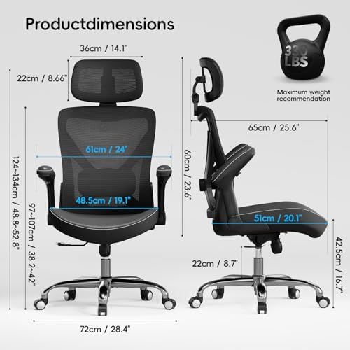 Ergonomic Office Chair Computer X Shaped Chair Mesh PU Leather with Adjustable Lumbar Support Executive Desk Chair High Back with Headrest Flip Up Arms for Long Hours  Black
