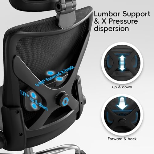 Ergonomic Office Chair Computer X Shaped Chair Mesh PU Leather with Adjustable Lumbar Support Executive Desk Chair High Back with Headrest Flip Up Arms for Long Hours  Black