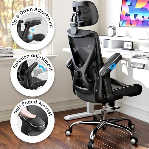 Ergonomic Office Chair Computer X Shaped Chair Mesh PU Leather with Adjustable Lumbar Support Executive Desk Chair High Back with Headrest Flip Up Arms for Long Hours  Black