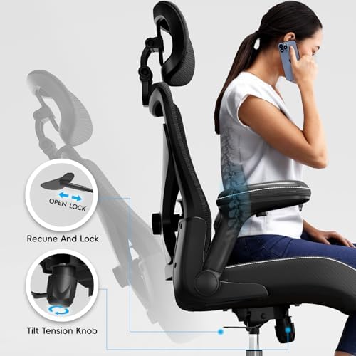 Ergonomic Office Chair Computer X Shaped Chair Mesh PU Leather with Adjustable Lumbar Support Executive Desk Chair High Back with Headrest Flip Up Arms for Long Hours  Black