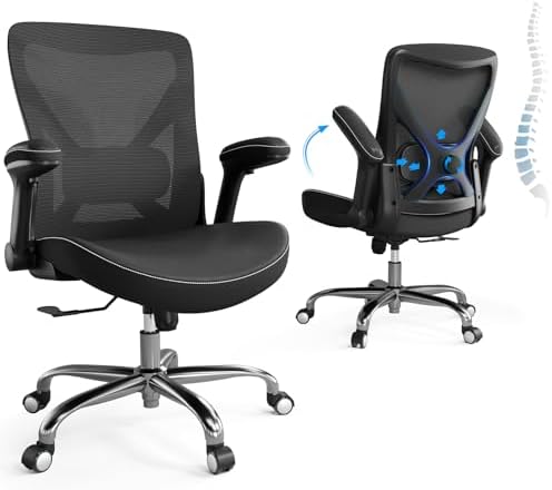 Ergonomic Office Chair Computer X Shaped Chair Mesh PU Leather with Adjustable Lumbar Support Executive Desk Chair High Back with Headrest Flip Up Arms for Long Hours  Black