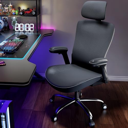 Ergonomic Office Chair Computer X Shaped Chair Mesh PU Leather with Adjustable Lumbar Support Executive Desk Chair High Back with Headrest Flip Up Arms for Long Hours  Black