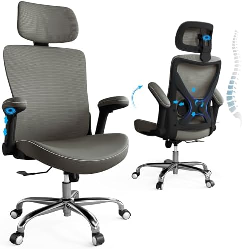 Ergonomic Office Chair Computer X Shaped Chair Mesh PU Leather with Adjustable Lumbar Support Executive Desk Chair High Back with Headrest Flip Up Arms for Long Hours  Black