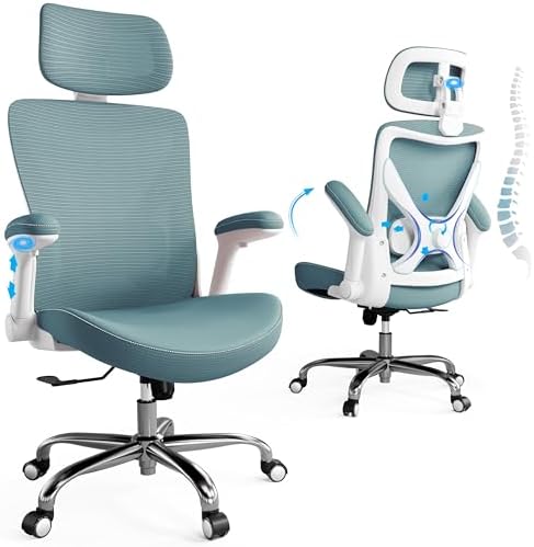 Ergonomic Office Chair Computer X Shaped Chair Mesh PU Leather with Adjustable Lumbar Support Executive Desk Chair High Back with Headrest Flip Up Arms for Long Hours  Black