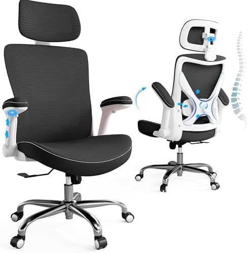 Ergonomic Office Chair Computer X Shaped Chair Mesh PU Leather with Adjustable Lumbar Support Executive Desk Chair High Back with Headrest Flip Up Arms for Long Hours  Black