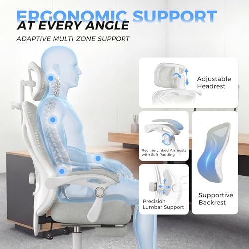 Ergonomic Office Chair with Footrest   Adjustable Lumbar Support & Headrest  90 160  Reclining Mesh Back Computer Chair   Home Office/Gaming  350lbs Capacity