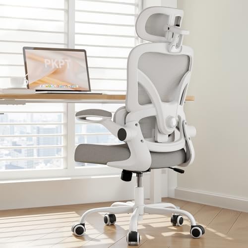 Ergonomic Office Chair  330LBS Desk Chair with 3 Level Lumbar Support & Headrest  Breathable Mesh Backrest  Flip Up Armrests for Home Office and Gaming  White