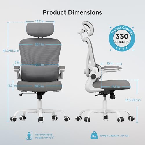 Ergonomic Office Chair  330LBS Desk Chair with 3 Level Lumbar Support & Headrest  Breathable Mesh Backrest  Flip Up Armrests for Home Office and Gaming  White