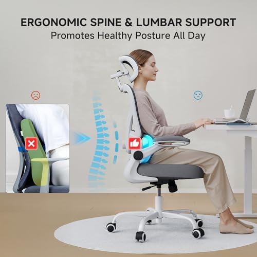 Ergonomic Office Chair  330LBS Desk Chair with 3 Level Lumbar Support & Headrest  Breathable Mesh Backrest  Flip Up Armrests for Home Office and Gaming  White