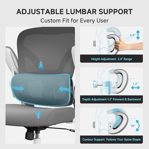 Ergonomic Office Chair  330LBS Desk Chair with 3 Level Lumbar Support & Headrest  Breathable Mesh Backrest  Flip Up Armrests for Home Office and Gaming  White