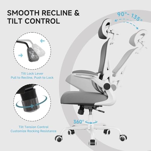 Ergonomic Office Chair  330LBS Desk Chair with 3 Level Lumbar Support & Headrest  Breathable Mesh Backrest  Flip Up Armrests for Home Office and Gaming  White