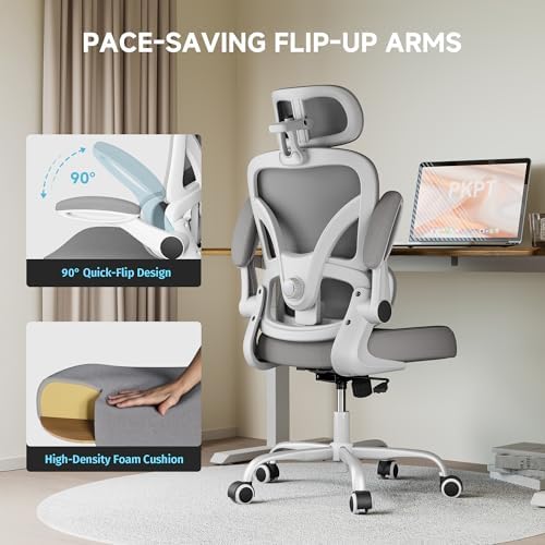 Ergonomic Office Chair  330LBS Desk Chair with 3 Level Lumbar Support & Headrest  Breathable Mesh Backrest  Flip Up Armrests for Home Office and Gaming  White