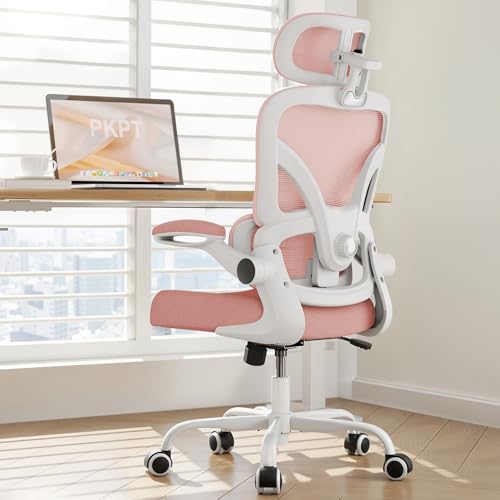 Ergonomic Office Chair  330LBS Desk Chair with 3 Level Lumbar Support & Headrest  Breathable Mesh Backrest  Flip Up Armrests for Home Office and Gaming  White