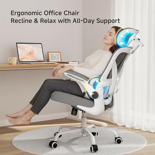 Ergonomic Office Chair  330LBS Desk Chair with 3 Level Lumbar Support & Headrest  Breathable Mesh Backrest  Flip Up Armrests for Home Office and Gaming  White