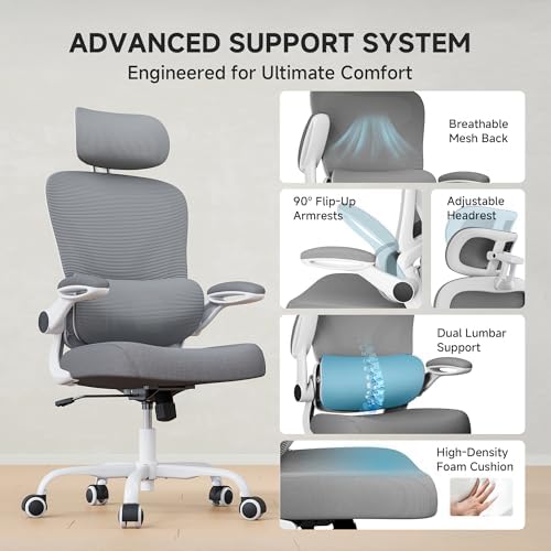 Ergonomic Office Chair  330LBS Desk Chair with 3 Level Lumbar Support & Headrest  Breathable Mesh Backrest  Flip Up Armrests for Home Office and Gaming  White