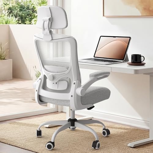 Ergonomic Office Chair  High Back Mesh Desk Chair with Adjustable Lumbar Support & Headrest  Flip up Armrest  Computer Task Chairs for Home and Executive Office  W Grey 