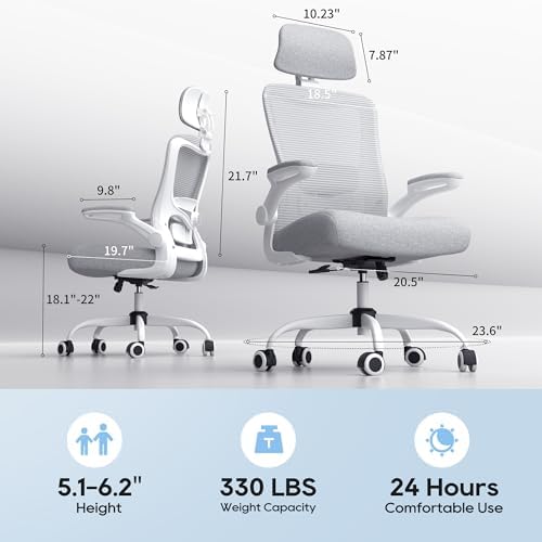 Ergonomic Office Chair  High Back Mesh Desk Chair with Adjustable Lumbar Support & Headrest  Flip up Armrest  Computer Task Chairs for Home and Executive Office  W Grey 