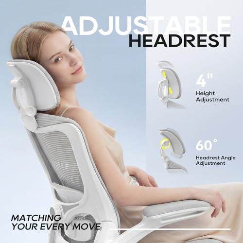 Ergonomic Office Chair  High Back Mesh Desk Chair with Adjustable Lumbar Support & Headrest  Flip up Armrest  Computer Task Chairs for Home and Executive Office  W Grey 