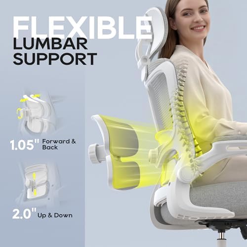 Ergonomic Office Chair  High Back Mesh Desk Chair with Adjustable Lumbar Support & Headrest  Flip up Armrest  Computer Task Chairs for Home and Executive Office  W Grey 