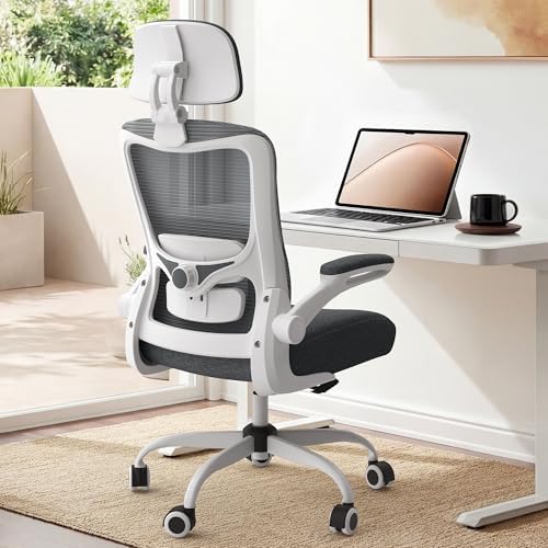 Ergonomic Office Chair  High Back Mesh Desk Chair with Adjustable Lumbar Support & Headrest  Flip up Armrest  Computer Task Chairs for Home and Executive Office  W Grey 
