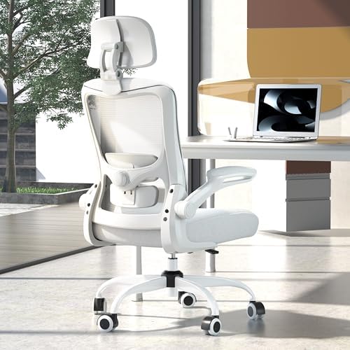 Ergonomic Office Chair  High Back Mesh Desk Chair with Adjustable Lumbar Support & Headrest  Flip up Armrest  Computer Task Chairs for Home and Executive Office  W Grey 