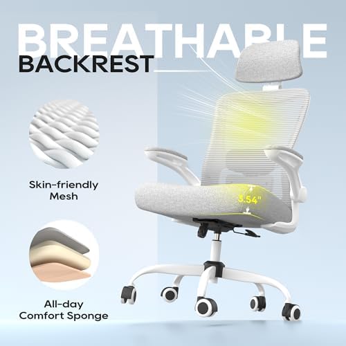 Ergonomic Office Chair  High Back Mesh Desk Chair with Adjustable Lumbar Support & Headrest  Flip up Armrest  Computer Task Chairs for Home and Executive Office  W Grey 