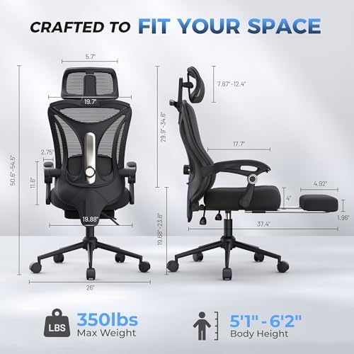 Ergonomic Office Chair with Footrest   Adjustable Lumbar Support & Headrest  90 160  Reclining Mesh Back Computer Chair   Home Office/Gaming  350lbs Capacity