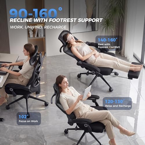 Ergonomic Office Chair with Footrest   Adjustable Lumbar Support & Headrest  90 160  Reclining Mesh Back Computer Chair   Home Office/Gaming  350lbs Capacity