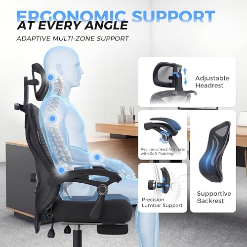 Ergonomic Office Chair with Footrest   Adjustable Lumbar Support & Headrest  90 160  Reclining Mesh Back Computer Chair   Home Office/Gaming  350lbs Capacity