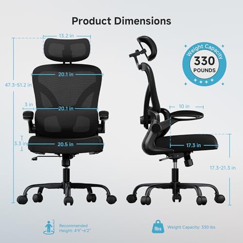 Ergonomic Office Chair  330LBS Desk Chair with 3 Level Lumbar Support & Headrest  Breathable Mesh Backrest  Flip Up Armrests for Home Office and Gaming  Black