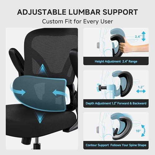 Ergonomic Office Chair  330LBS Desk Chair with 3 Level Lumbar Support & Headrest  Breathable Mesh Backrest  Flip Up Armrests for Home Office and Gaming  Black