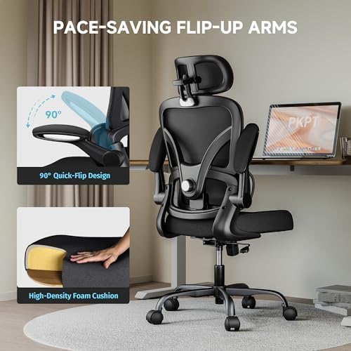 Ergonomic Office Chair  330LBS Desk Chair with 3 Level Lumbar Support & Headrest  Breathable Mesh Backrest  Flip Up Armrests for Home Office and Gaming  Black