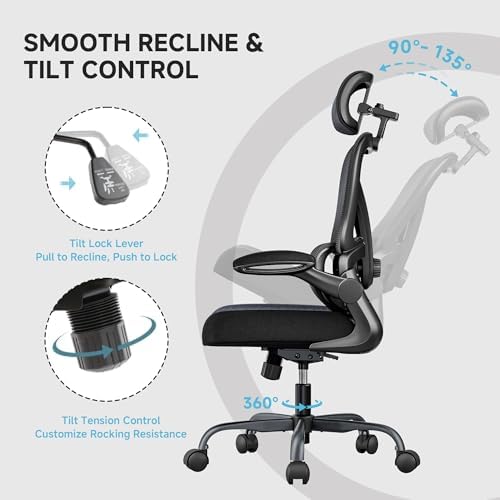 Ergonomic Office Chair  330LBS Desk Chair with 3 Level Lumbar Support & Headrest  Breathable Mesh Backrest  Flip Up Armrests for Home Office and Gaming  Black