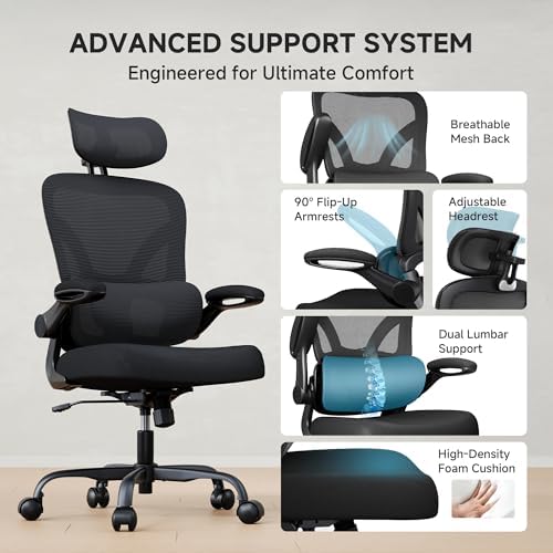 Ergonomic Office Chair  330LBS Desk Chair with 3 Level Lumbar Support & Headrest  Breathable Mesh Backrest  Flip Up Armrests for Home Office and Gaming  Black