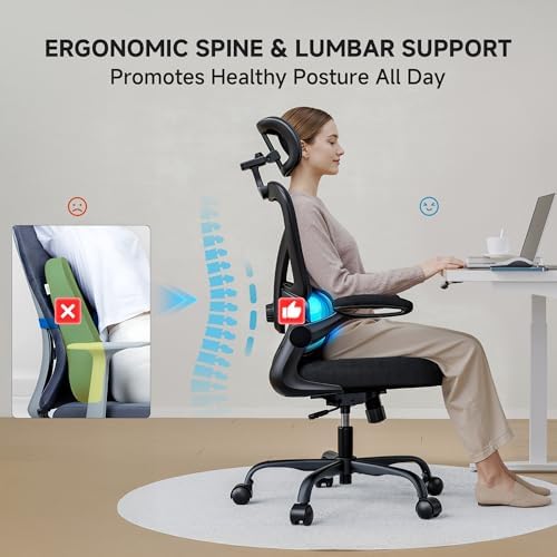 Ergonomic Office Chair  330LBS Desk Chair with 3 Level Lumbar Support & Headrest  Breathable Mesh Backrest  Flip Up Armrests for Home Office and Gaming  Black