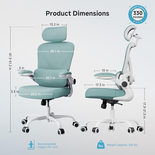 Ergonomic Office Chair  330LBS Desk Chair with 3 Level Lumbar Support & Headrest  Breathable Mesh Backrest  Flip Up Armrests for Home Office and Gaming  Blue