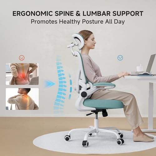 Ergonomic Office Chair  330LBS Desk Chair with 3 Level Lumbar Support & Headrest  Breathable Mesh Backrest  Flip Up Armrests for Home Office and Gaming  Blue