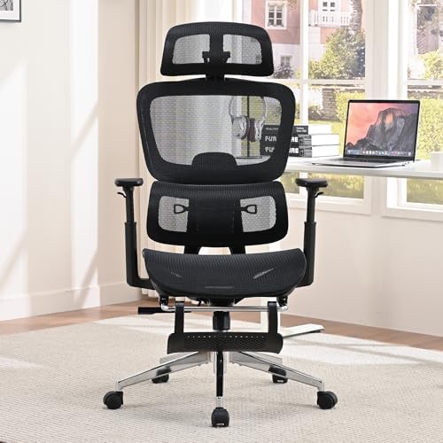 Ergonomic Office Chair  Home Mesh Desk Computer Chair  Comfortable Gaming Chair with Footrest  Wheels  Adjustable 2D Headrest  Lumbar Support  High Back and 3D Armrest  Black
