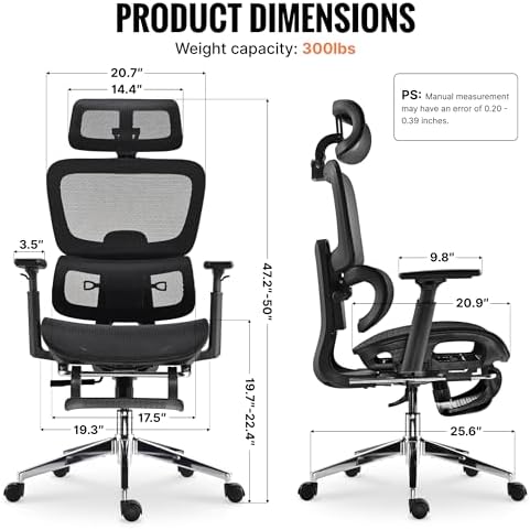Ergonomic Office Chair  Home Mesh Desk Computer Chair  Comfortable Gaming Chair with Footrest  Wheels  Adjustable 2D Headrest  Lumbar Support  High Back and 3D Armrest  Black