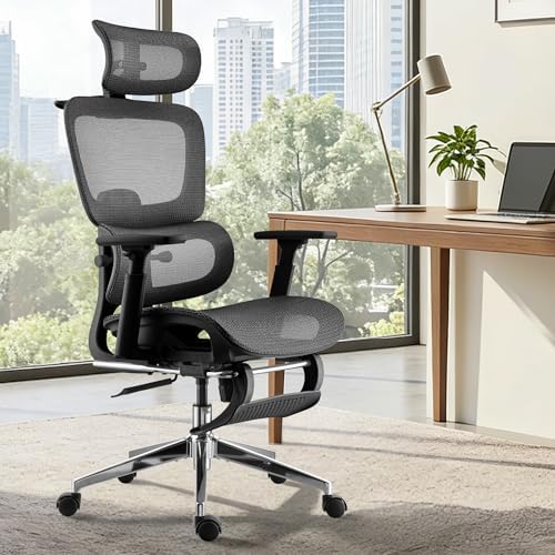 Ergonomic Office Chair  Home Mesh Desk Computer Chair  Comfortable Gaming Chair with Footrest  Wheels  Adjustable 2D Headrest  Lumbar Support  High Back and 3D Armrest  Black