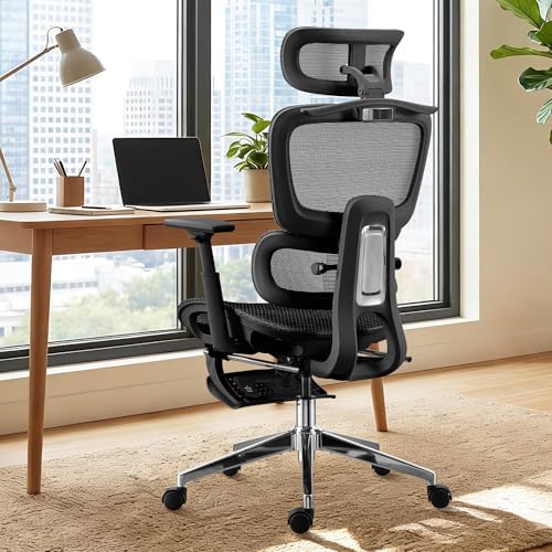 Ergonomic Office Chair  Home Mesh Desk Computer Chair  Comfortable Gaming Chair with Footrest  Wheels  Adjustable 2D Headrest  Lumbar Support  High Back and 3D Armrest  Black
