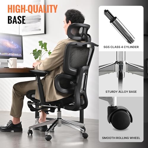 Ergonomic Office Chair  Home Mesh Desk Computer Chair  Comfortable Gaming Chair with Footrest  Wheels  Adjustable 2D Headrest  Lumbar Support  High Back and 3D Armrest  Black