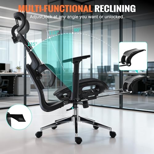 Ergonomic Office Chair  Home Mesh Desk Computer Chair  Comfortable Gaming Chair with Footrest  Wheels  Adjustable 2D Headrest  Lumbar Support  High Back and 3D Armrest  Black