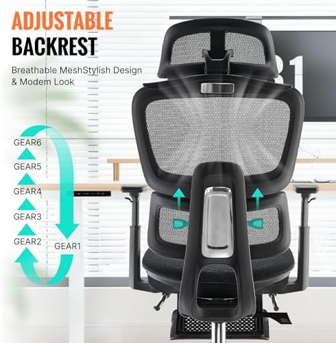 Ergonomic Office Chair  Home Mesh Desk Computer Chair  Comfortable Gaming Chair with Footrest  Wheels  Adjustable 2D Headrest  Lumbar Support  High Back and 3D Armrest  Black