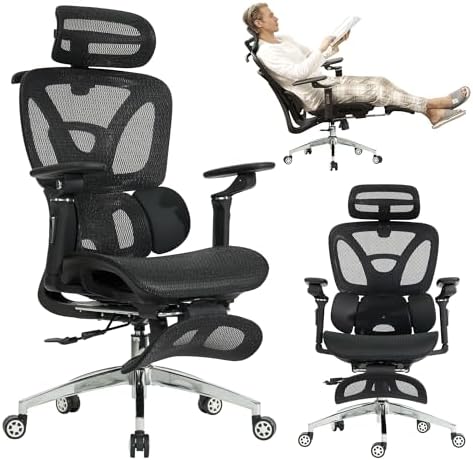 Ergonomic Office Chair  Home Mesh Desk Computer Chair  Comfortable Gaming Chair with Footrest  Wheels  Adjustable 2D Headrest  Lumbar Support  High Back and 3D Armrest  Black