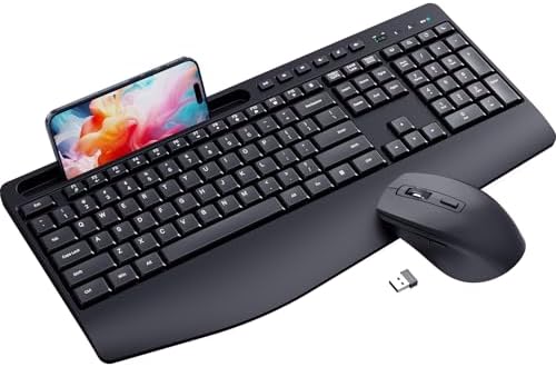Ergonomic Wireless Keyboard and Mouse Combo LIZRROT 2 4GHz Silent Full Size Mouse and Keyboard Wrist Rest Phone Holder Compatible with Windows  PCs  Laptops