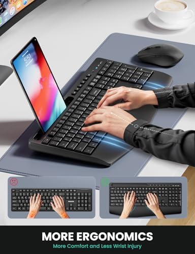 Ergonomic Wireless Keyboard and Mouse Combo LIZRROT 2 4GHz Silent Full Size Mouse and Keyboard Wrist Rest Phone Holder Compatible with Windows  PCs  Laptops